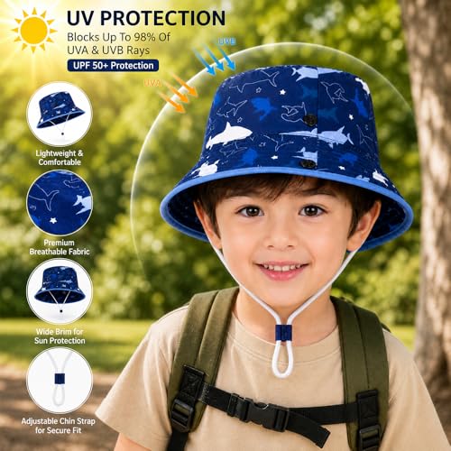 Image of VRITRAZ Unisex Kids Printed Bucket Hat | UV Protection Sun Hat with Adjustable Chin Strap & Summer Beach Travel Outdoor Cap for Toddlers & Children (4-12 Years)