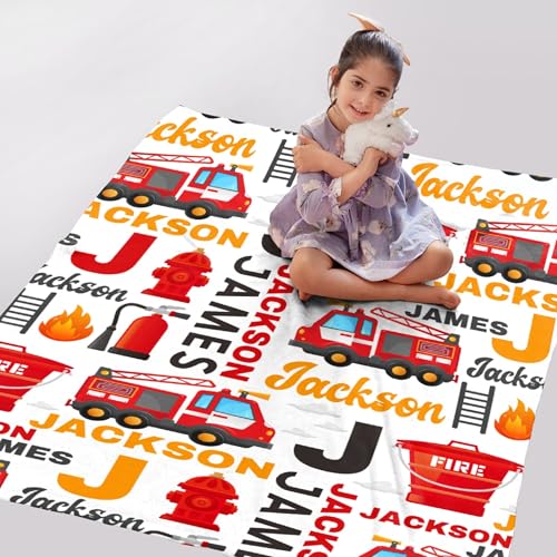 Image of Fire Trucks Firefighter Custom Blanket Gifts Personalized Fire Trucks Throw Blankets for Boys Girls Super Soft Fleece Flannel Air Conditioning Blanket for Couch Bed 60x50 in for Teen
