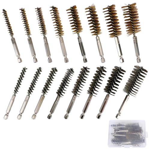 lasuroa 8uds Cepillos Alambre de Latón y 8uds Cepillos Acero Inoxidable para Orificios, Cepillo de Alambre con Vástago Hexagonal 6,35mm para Taladros Eléctricos Atornilladores Impacto y Limpieza Tubos