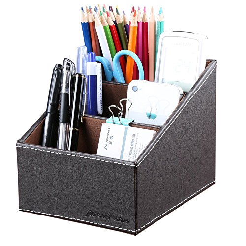 KINGFOM 3 Slot PU Leather Remote Control Holder Organizer, Home Sundries Storage Box, TV Guide/Mail/CD Organizer/Caddy/Holder with Free Cable Organizer(Brown)