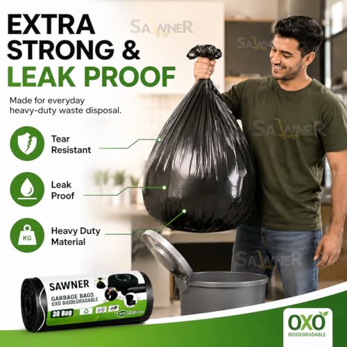 Image of Dustbin Bags 19 x 21 Inch Medium Size, 30 Bags (1 Roll), Black Garbage Bags, Leak Resistant Waste Disposal Bags for Kitchen, Bathroom, Bedroom & Office