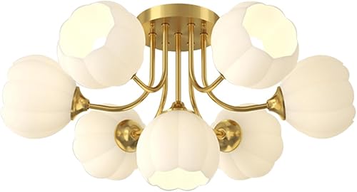 Miniatura 1 de Qufute Lámpara de techo moderna de 7 luces doradas semiempotradas, luces de techo Sputnik, pantalla de cristal blanco, luces de mediados de siglo,