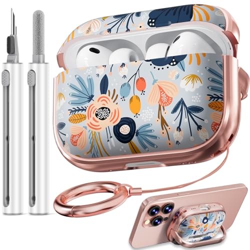 Image of Inesore for AirPods Pro 3 Case Cover 2025 with Lock-Blue Flower | Two-Piece Design,with Gold Keychain & Clean Pen, As Phone Stand,Support Wireless Charging,Cute Luxury Case for Women Girly