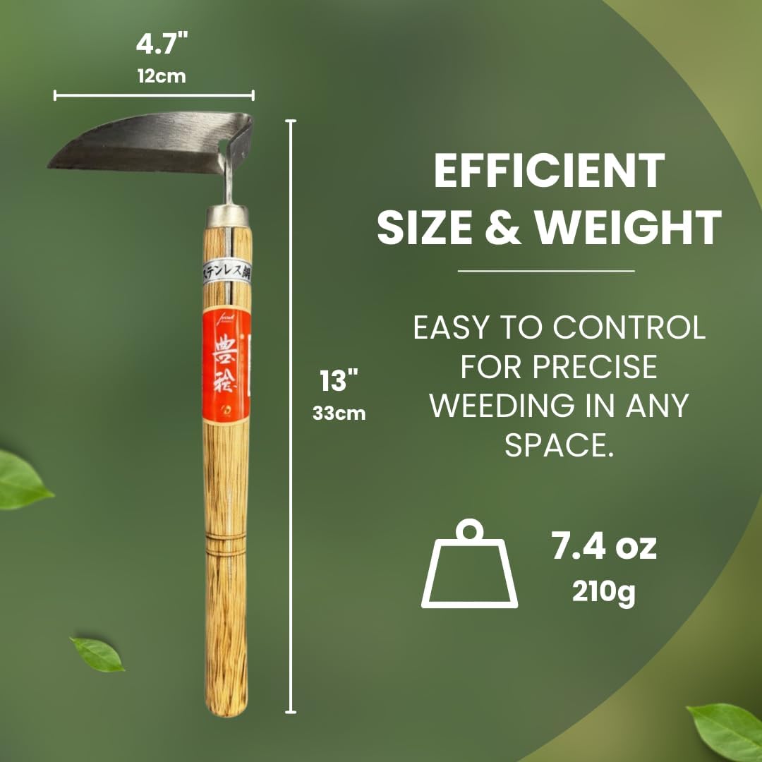 forest Originals Hounen Miyawaki Japanese Weeding Sickle, Twisted Stainless Steel Kama Weeder (4.7 in (12 cm) Blade), 13 in (33 cm) Wood Handle, Root Slicer for Garden Beds & Crabgrass, Made in Japan