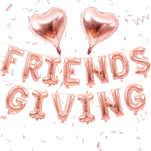Image of Friendsgiving Balloons Friends Giving Party Decorations 16 Inches Tall Rose Gold Heart Friendsgiving Foil Mylar Balloon Letter Banner for Fall Theme Thanksgiving Friends Party Backdrop Supplies