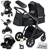 KAVELLIN Carrito bebé 3 en 1, 0-3 años, Máx. 22 kg, Cochecito para Bebé 3 Piezas con Estructura Metálica Ligera, Compacto y Reclinable Silla de Paseo, con i-Size Silla Coche Bebe, Nero