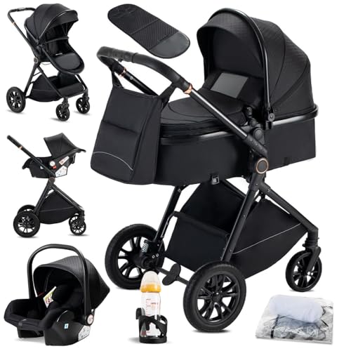 KAVELLIN Carrito bebé 3 en 1, 0-3 años, Máx. 22 kg, Cochecito para Bebé 3 Piezas con Estructura Metálica Ligera, Compacto y Reclinable Silla de Paseo, con i-Size Silla Coche Bebe, Nero