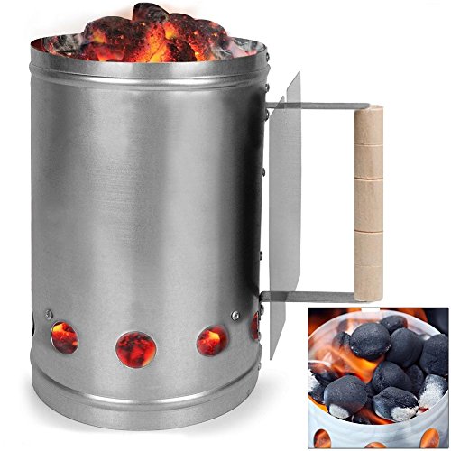BAKAJI Ciminiera per Carbonella Kit Accenditore di Carbone per Barbecue Accendino Grill Starter Cestino BBQ in Metallo con Manico in Legno