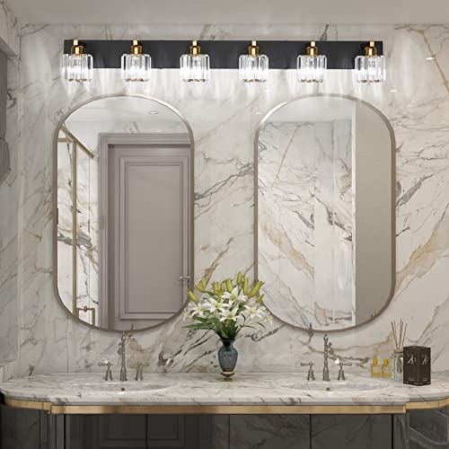 Image of Aipsun Bathroom Light Fixtures Crystal Vanity Light Black and Gold 6 Lights Vanity Lighting Fixtures (Exclude Bulb)