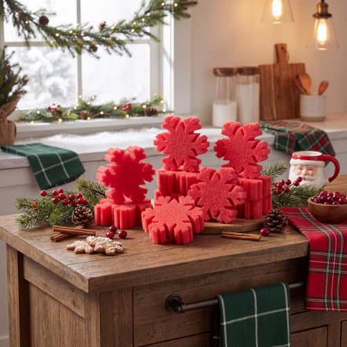 Image of Tioncy 12 Pack Red Snowflakes Kitchen Sponges Bulk Dual Sided Scrubber Sponges Dishwashing Kitchen Cleaning Accessories for Household Supplies(3.54 x 3.54 x 0.98 Inches)