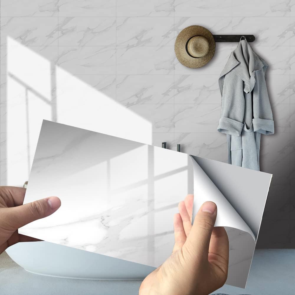 Marble Tile Stickers for Kitchen Bathroom Backsplash PVC Waterproof Oil Proof DIY Self Adhesive New Wall Stickers Home Decor (White Marble Pattern-4, 30x15cm(12"x6") - 16PCS)