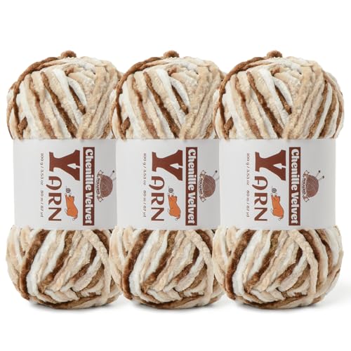 Image of 3 Pack Plush Chenille Chunky Yarn - Fluffy Velvet Yarn Crochet for Blanket Knitting and Crocheting - Soft Baby Yarns for Crocheting - Amigurumi Crochet Yarns 100g (87yds) (3 White Coffee)