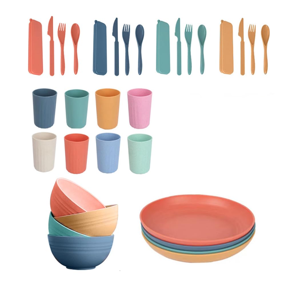 Wheat Straw Dinnerware Sets, Unbreakable Microwave Safe Reusable Wheat Straw Plates and Bowls Sets, Dishwasher Safe,Wheat Straw Plates, Great Indoor & Outdoor Kitchen Set. Plates and Bowls Set