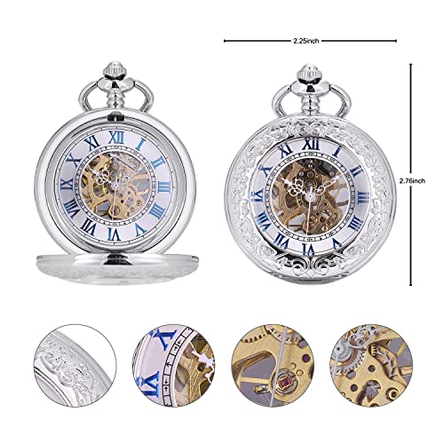 Image of ManChDa Pocket Watch Retro Smooth Classic Mechanical Hand-Wind Pocket Watch Steampunk Roman Numerals Fob Watch for Men Women with Chain + Box