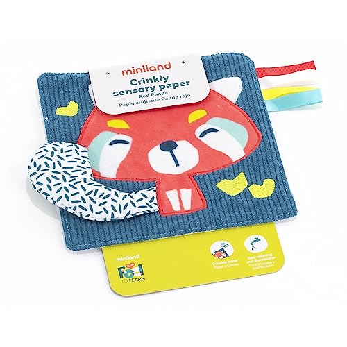 Image of Miniland Feel to Learn Crinkly Sensory Paper Red Panda for Infant & Toddlers. Multicolored teether with Soft Touch