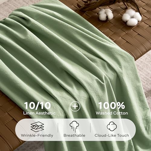 Image of JELLYMONI 100% Washed Cotton Duvet Cover King - Soft, Breathable Linen-Look Bedding with Natural Wrinkle Texture, Button Closure, 3-Piece Set (Mint Green, 104 inchx90 inch)
