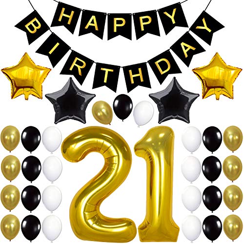 Gold Number 21 Balloons Decorations Set - Large, 40 Inch | 21st Birthday Balloons with Happy Birthday Banner and Star Foil Balloons | Black and Gold 21st Birthday Decorations | 21 Birthday Party Kit
