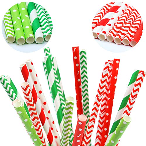 Cooraby 200 Pieces Christmas Paper Straws Biodegradable Drinking Stripe Bicolor Stripe Dot Chevron Straw Mix For Wedding Supplies And Party Favors, 8 Style (Red And Green) #TOP2