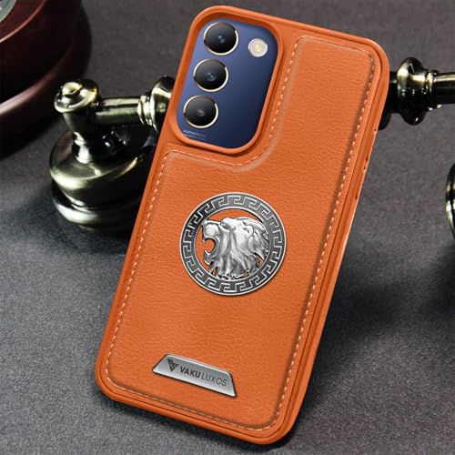 Image of Vaku Luxos Regal Shield TPU Back Cover Case for Vivo T3 5G Metal Lion Engraved Leather Stitched Design Camera Screen Protector- Brown