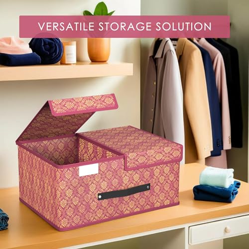 Kuber Industries Cloth Organizer for Wardrobe (Small) Foldable Storage Box with Double Lid | Drawer Organiser | Golden-Print | Maroon Kuber Industries Cloth Organizer for Wardrobe (Small) Foldable Storage Box with Double Lid | Drawer Organiser | Golden-Print | Maroon