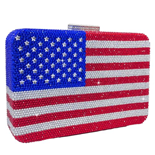Boutique De FGG The American National Flag Crystal Clutch Purse for Women Evening Bags Party Chain Shoulder Handbags Mini Square
