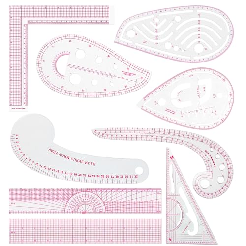 LJLJ Fashion Clear Metric Sewing Ruler Set,French Curve Pattern Rulers for Beginners, Tailors, Designers, Quilting, Embroidery, Cross Stitch, Crochet, Knitting 9pcs
