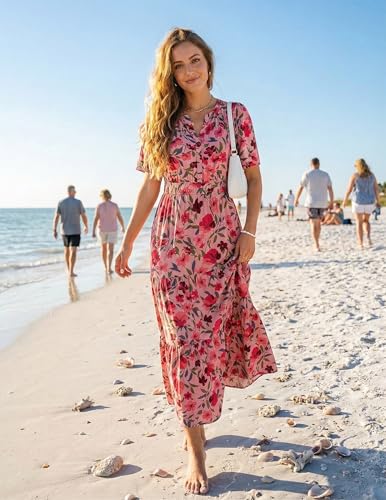 Image of ZESICA Women's 2026 Summer Spring Floral Boho Maxi Dresses Casual Short Sleeve V Neck A Line Flowy Beach Vacation Dress