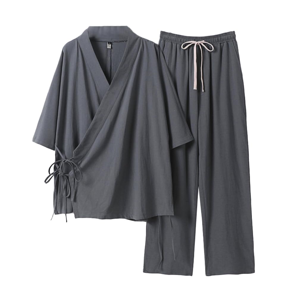 TIANQIHAO Japanese Style Pajamas Cotton Japanese Kimono Suit Summer Plus Size Kimono Bathrobes Chinese Style Sleepwear,Gray-7X-Large