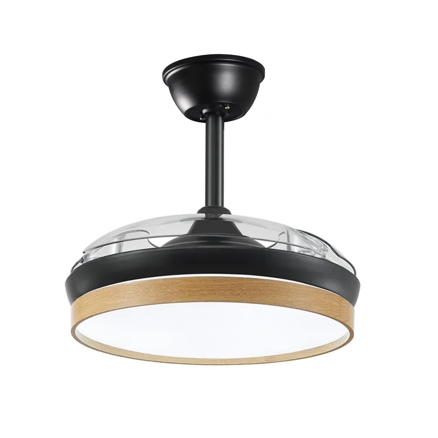 DRW Lampara Ventilador de Techo Negro y Madera con aspas retractiles 3 Colores de Luces y Mando a Distancia Ø106x36-53 cm