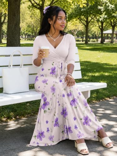 Image of PinkPatty Women's Plus Size V Neck 3 /4 Sleeve Wrap Maxi Dress with Belt