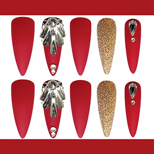 Sethexy Matt Stilett Lange Falscher Nagel Funkeln Kristall rot Falsche Fingernägel Gold Bling Drücken Sie auf Nägel 24St… – Bild 5