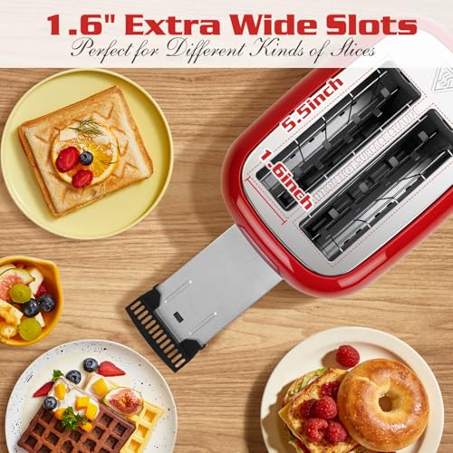 Image of Aigostar Toaster 2 Slice, Retro Extra-Wide Slot, Red