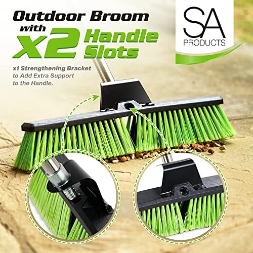 SA Products Heavy Duty Garden Broom - Unflagged Green Bristle Brush, Wooden Head, Long Stainless Steel Handle - Sweeping Cleaner Scrubber for Garage, Swimming Pool, Driveway, Yard, Decking - 144x46cm