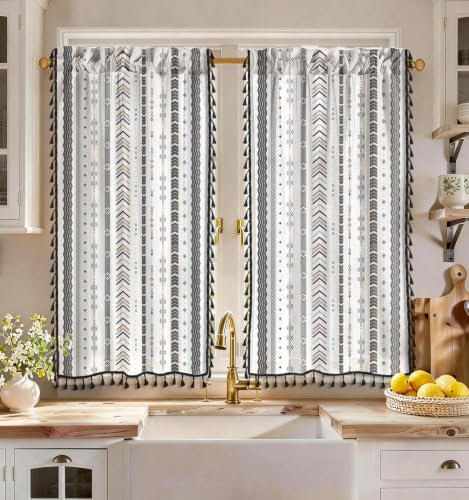 Image of Miss Adola Boho Kitchen Curtains - 45 Inch Length Linen Blend Modern Striped Cafe Curtains Tassels Tier Curtain Short Drapes Rod Pocket for Bathroom Living Room Windows Light Filtering, 2 Panels