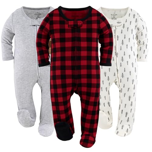 Image of The Peanutshell Baby Sleepers for Boys or Girls Set of 3 - Soft Cotton Unisex Footed Pajamas for Newborns - Buffalo Moose