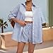 Women's 2 Piece Fashion Set Striped Long Sleeve Button Down Shirt and Summer Drawstring Shorts Airport Loungewear Blue