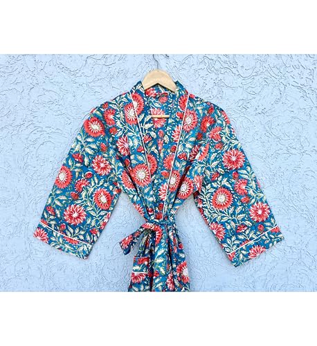 Image of Hand block print Cotton Kimono bikini cover up,Indian Hand block print Cotton Bath Robe,Swim Wear,Nighrwere Dressing Gown