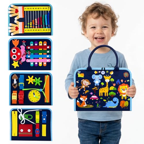 Image of Montessori Busy Board for Toddlers 1-3, 4 Pages 15+ Activities Sensory Toy, ABC Numbers Colors Motor Skills Toy, Toddler Quiet Book Travel Toy, Preschool Educational for Boys Girls, Blue Zoo