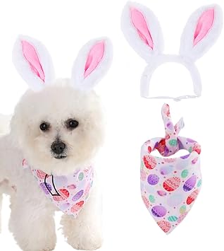 ANIAC Easter Dog Headband and Egg Bandanas Set Plush Bunny Ears Costume for Small Medium Large Dog Pet Easter Costume Accessories for Cat Dog Pink H+Bandana, Small