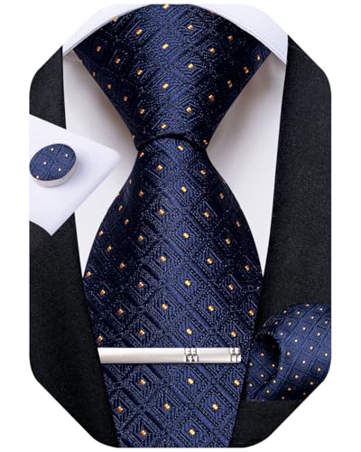 Image of DiBanGu Mens Silk Plaid Tie and Pocket Square Set | Elegant Silk Formal Tie Set, Woven Check Necktie and Cufflinks Tie Clip Set, Perfect for Wedding Party, Comes in Gift Box