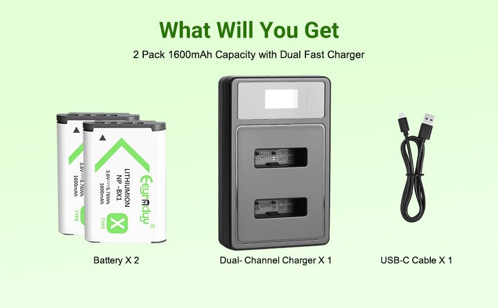 2-Pack Batteries and USB Charger Set NP-BX1 X Type for Sony Cyber-Shot DSC-HX80 HX90V HX95 HX99 HX350 RX1 RX1R II RX100 FDR-X3000 HDR-AS50 AS300 Camera 1600 mAh (BX1-2D1C) - Image 7