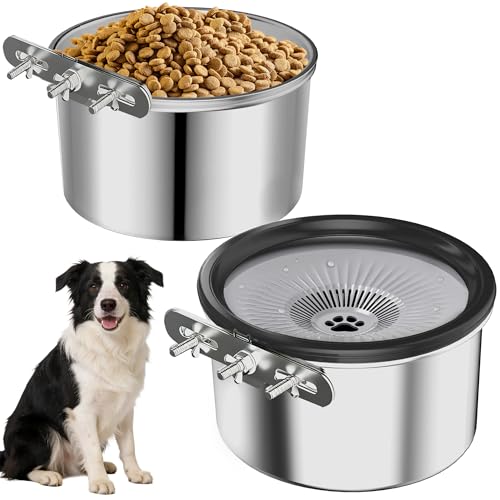 Twinsing 2 Pcs No Spill Dog Water Bowl for Crate 2.5L Stainless Steel Hanging Kennel Bowls with Adjustable Height Anti-Splash Water & Food Bowl Set for Cage Kennel Crate Medium Large Dogs (Black)