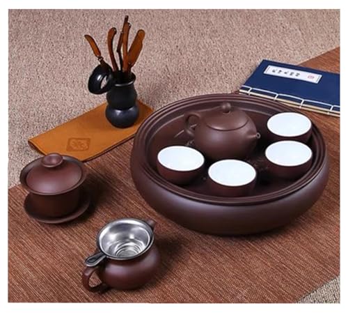 Ariioky 紫砂 茶器 ティーセット 茶具セット陶磁茶器 茶皿 番茶器セット乾燥 急須 湯呑みセット 茶器揃な 和風 ブラウン+ホワイト