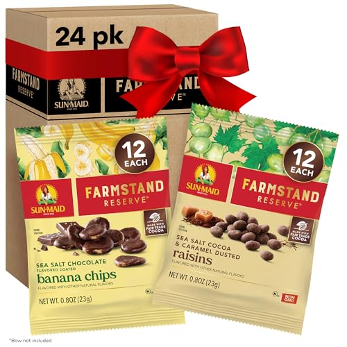 Sun-Maid Farmstand Reserve 24 Count Variety Pack - 0.8 oz Snack Bag – Sea Salt Cocoa & Caramel Dusted Raisins + Sea Salt Chocolate Coated Banana Chips (Amazon Exclusive)