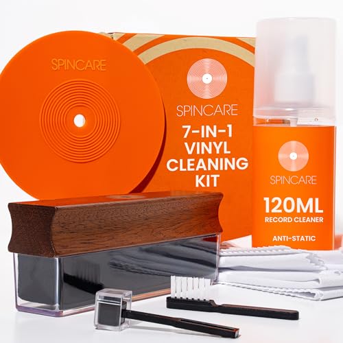 SPINCARE 7-en-1 Limpiador de Vinilos | Cepillo Velvet con Mango de Madera y Cubierta Antipolvo | Solución 120ml | Cepillo para Aguja y Cubierta Antipolvo | Protector de Etiqueta | Paños de Microfibra