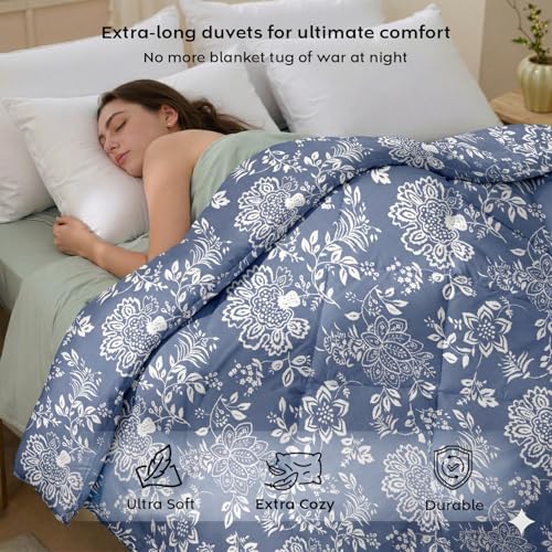 Image of AYKA Reversible AC Comforter 150 GSM Microfiber Summer Blanket Single Bed (60x90 Inches) | Floral Design Cooling Quilt for AC Room | Soft Breathable Duvet Blue & White
