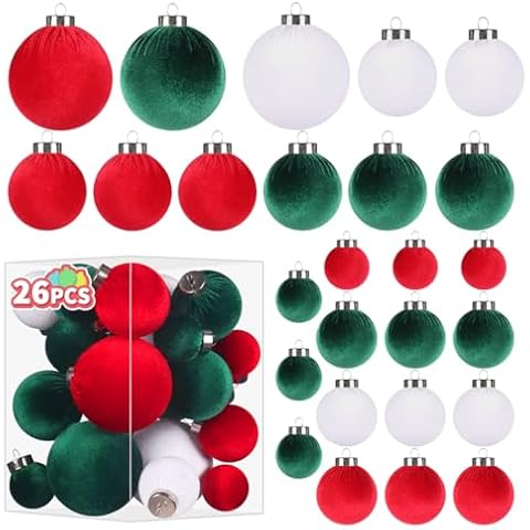 Super Holiday Velvet Christmas Ornaments Set, 26PCS Plastic Christmas Ball Ornaments for Xmas Tree Multi Size Decorations Assortment, for Winter Holiday Party Decor, Red, Green, White Cover