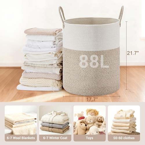 Image of 88L Large Tall Cotton Rope Laundry Basket with Handles, Brown