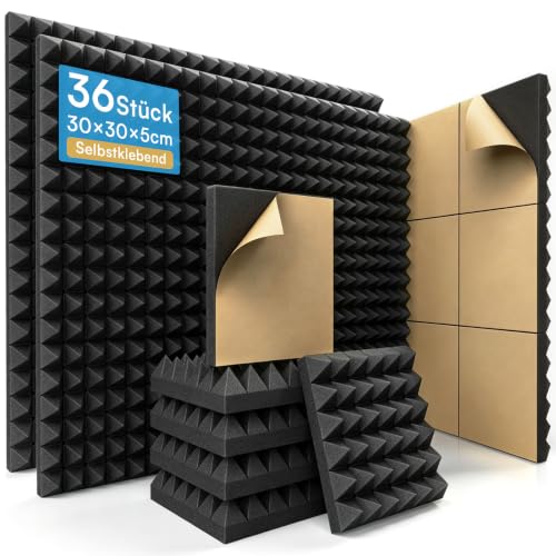 AUSLET 36 Stück Pyramidenschaumstoff Selbstklebend 30x30x5 cm Schwarz