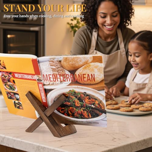 PUERSI Cookbook Stand for Kitchen, Recipe Book Holder for Kitchen Counter, Wooden Cookbook Holder, Rustic Cook Book Holder Stand - Rustic Brown - Image 5